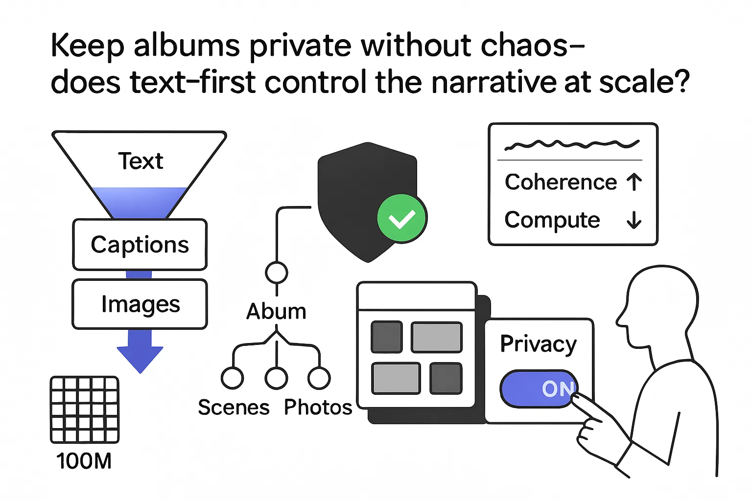 Minimalist tech illustration of text first funnel shielding album coherence with privacy toggle 100M dataset