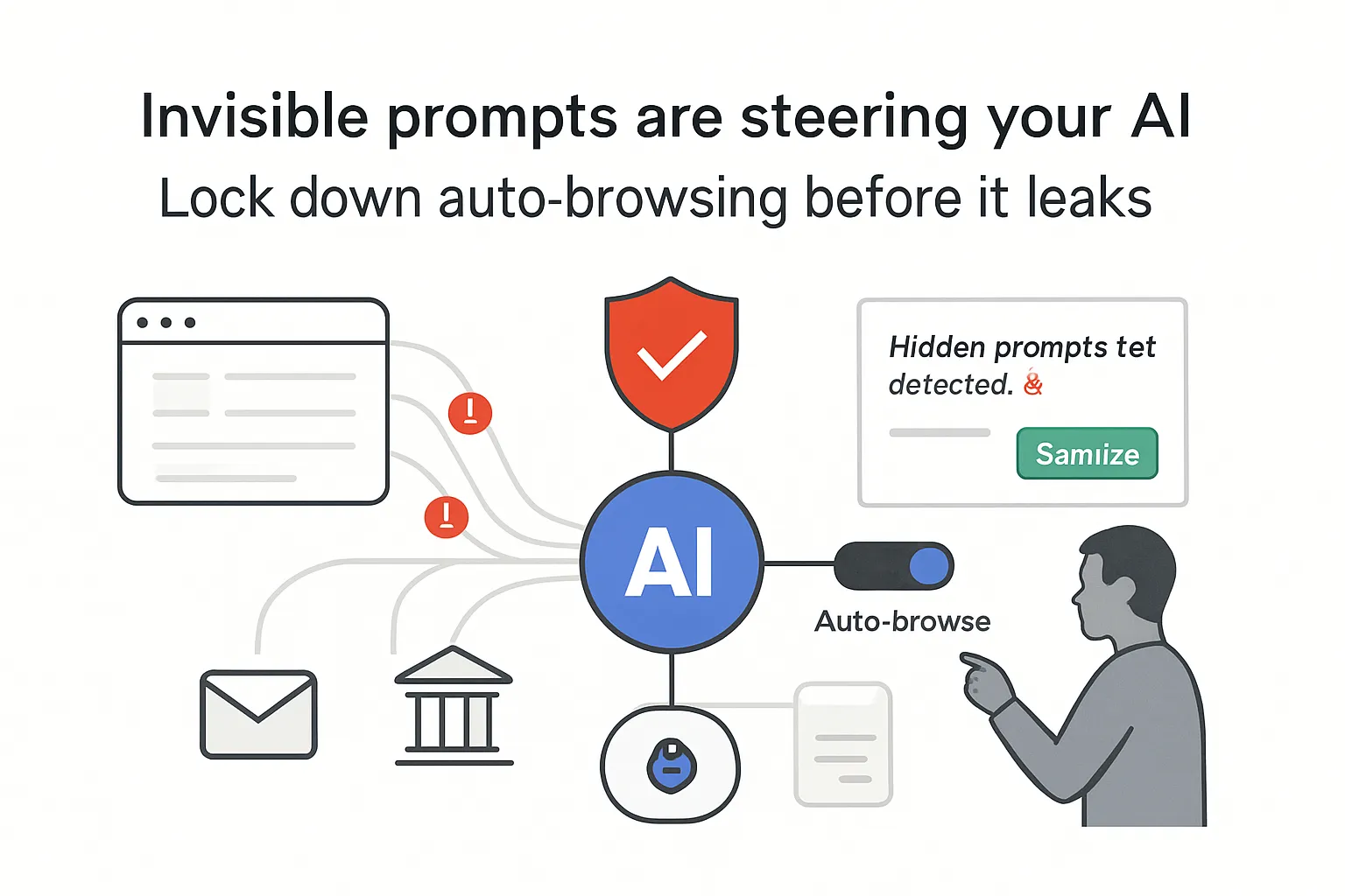 Minimalist AI assistant illustration showing hidden prompts red alert shield auto browse toggle audit report