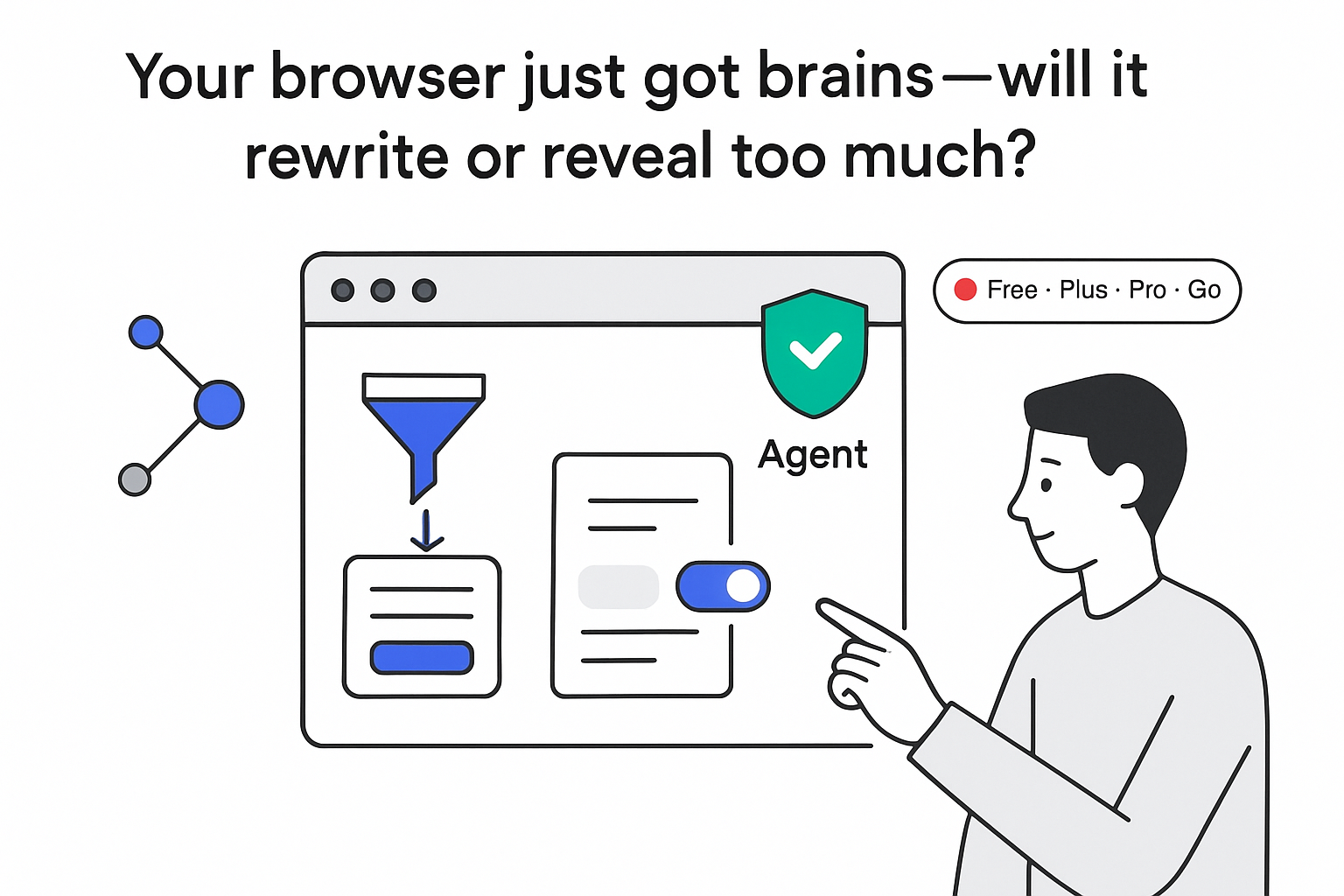 Minimalist browser AI interface with funnel feeding summary card privacy shield toggle person reviewing