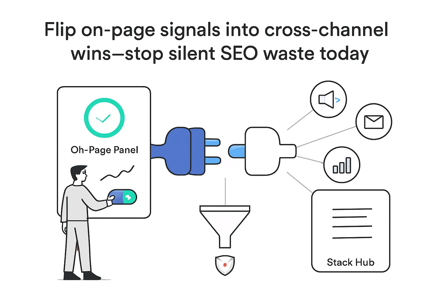 Minimalist illustration of on page toggle linking plug to stack hub for cross channel SEO