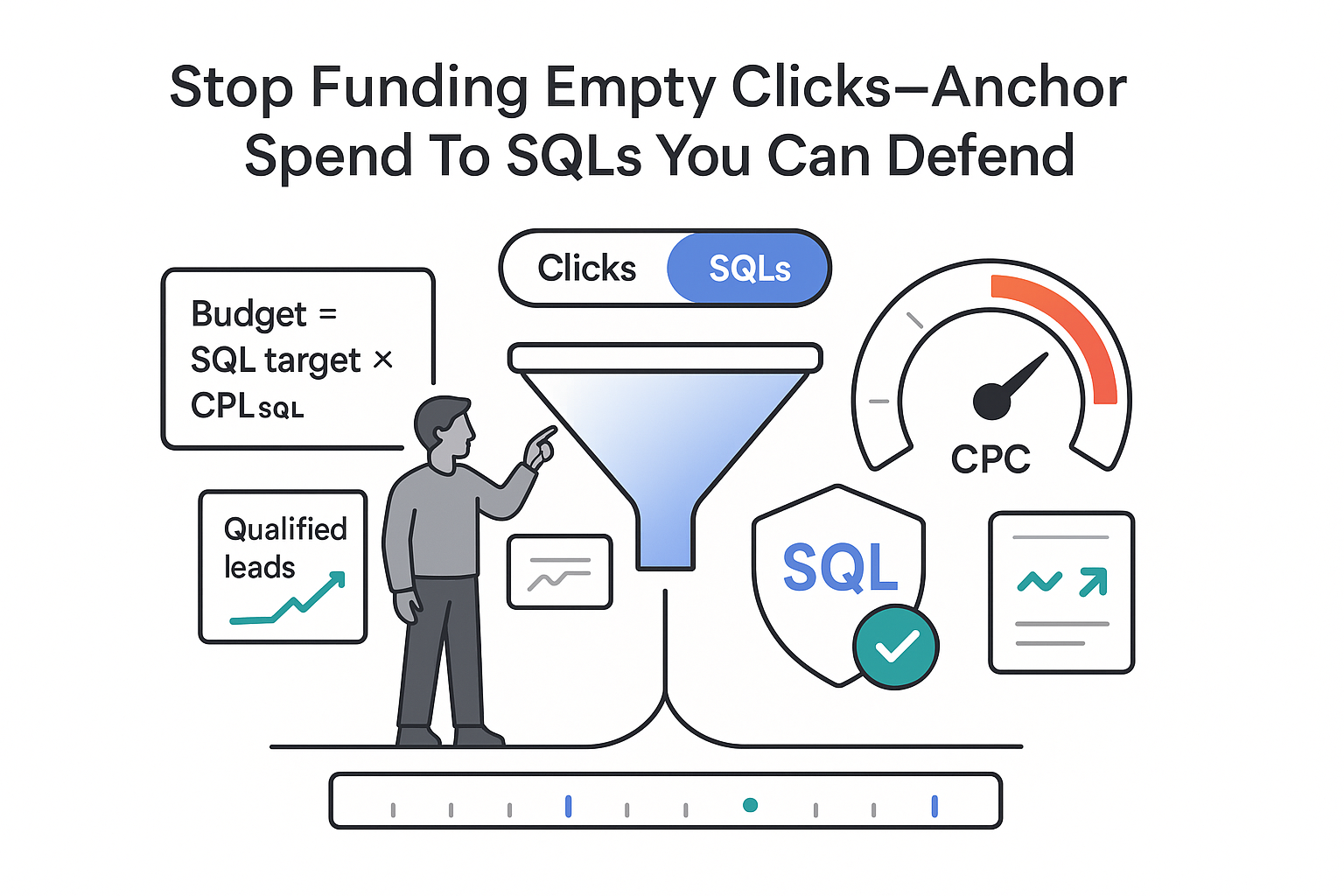 Minimalist tech illustration funnel feeding SQL shield checkmark with CPC gauge timeline and formula panel