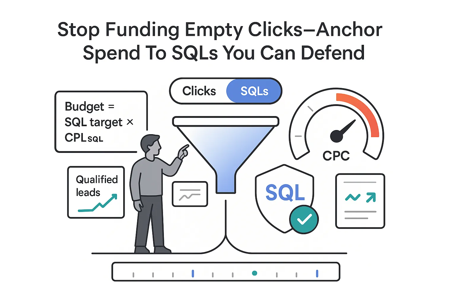 Minimalist tech illustration funnel feeding SQL shield checkmark with CPC gauge timeline and formula panel