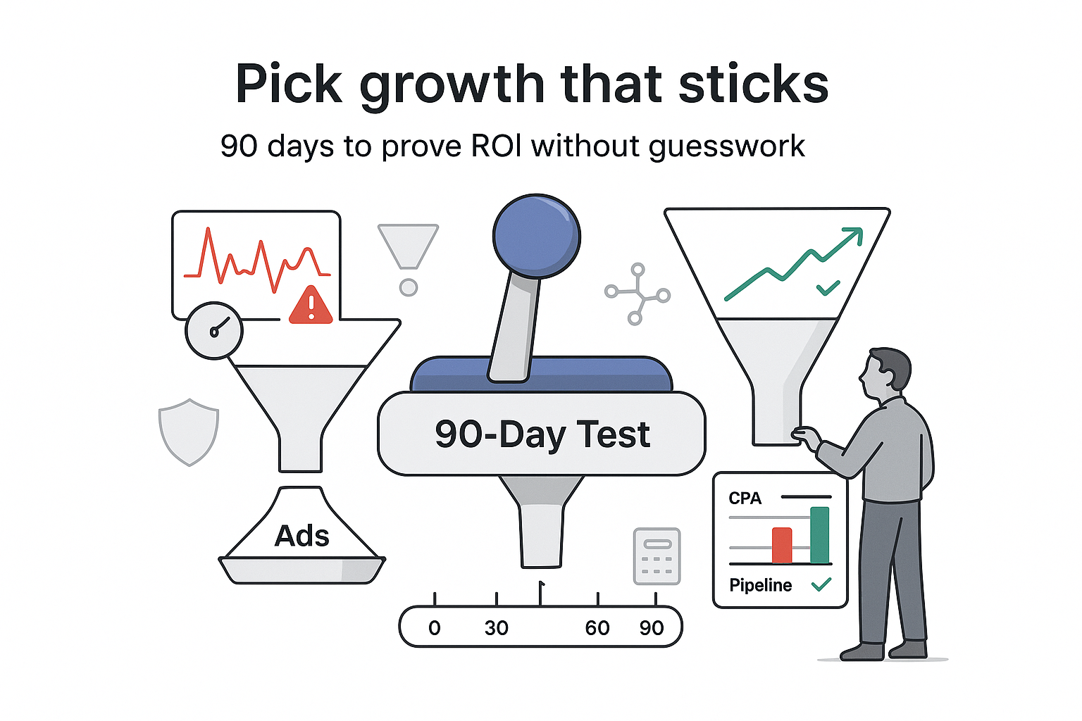 Minimalist tech illustration of 90 Day Test toggle splitting into ads and SEO funnels