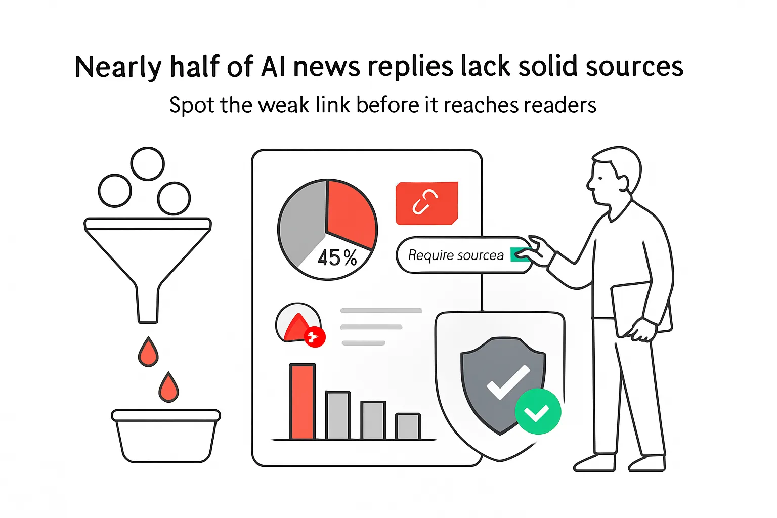 Minimalist tech illustration of AI news audit report missing sources funnel shield human toggling sources