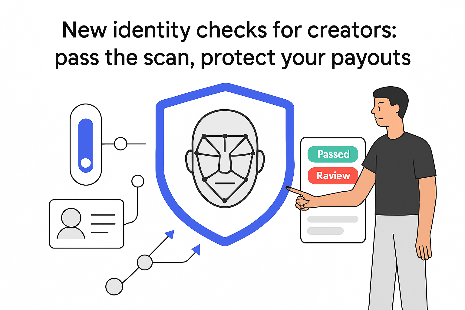 Biometric shield and toggle for creator identity checks preventing impersonation protecting payouts
