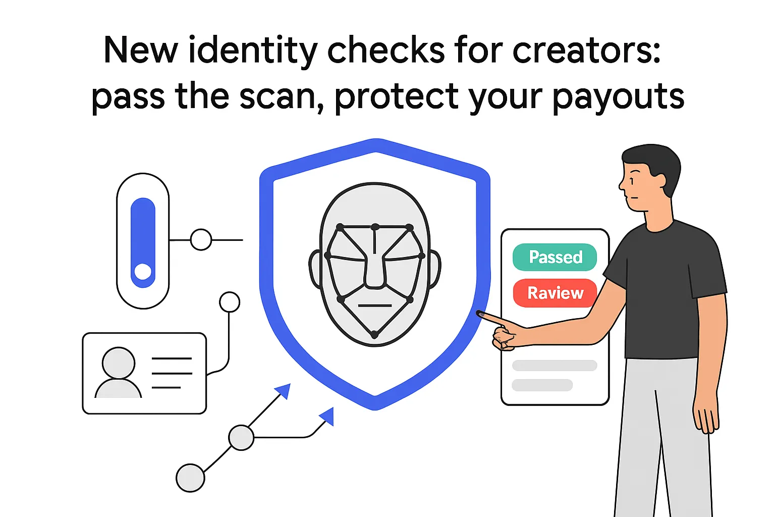 Biometric shield and toggle for creator identity checks preventing impersonation protecting payouts