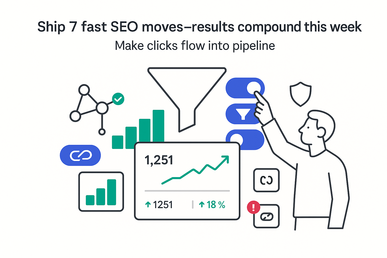 Minimalist illustration of funnel feeding analytics card with toggles compounding tiles node graph and analyst