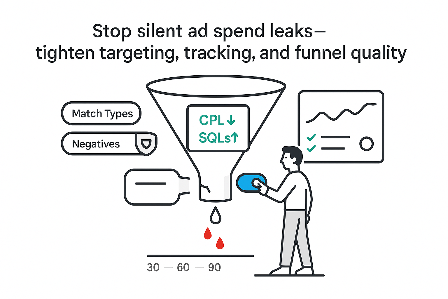 Minimalist funnel patching budget leaks with toggle reducing red droplets and improving CPL and SQLs