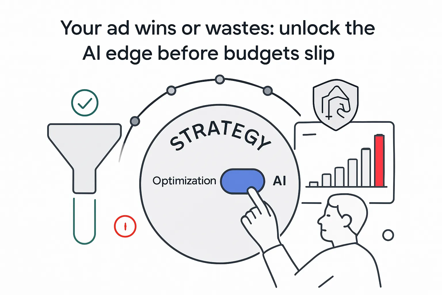 Minimalist tech illustration showing strategy dial sliding toward AI performance funnel report and privacy shield
