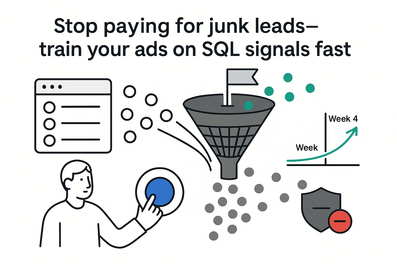 Minimalist illustration feeding CRM signals into funnel with value toggle producing qualified SQLs Week4 Week6