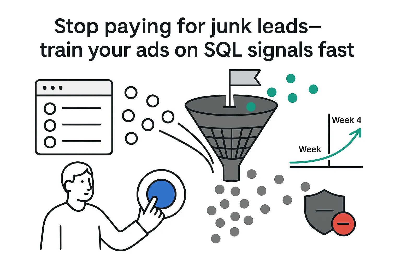 Minimalist illustration feeding CRM signals into funnel with value toggle producing qualified SQLs Week4 Week6
