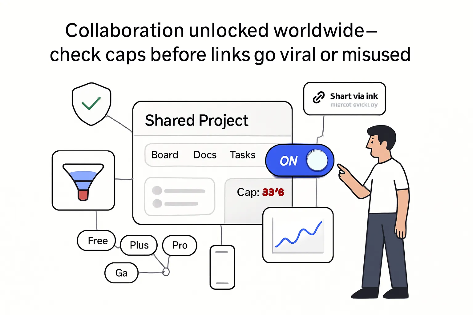 Minimalist tech illustration shared project panel link toggle on cap 85 percent collaboration worldwide