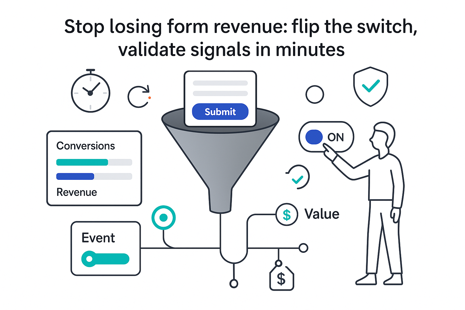 Minimalist funnel illustration with form input converting to event and revenue capture toggle consent shield