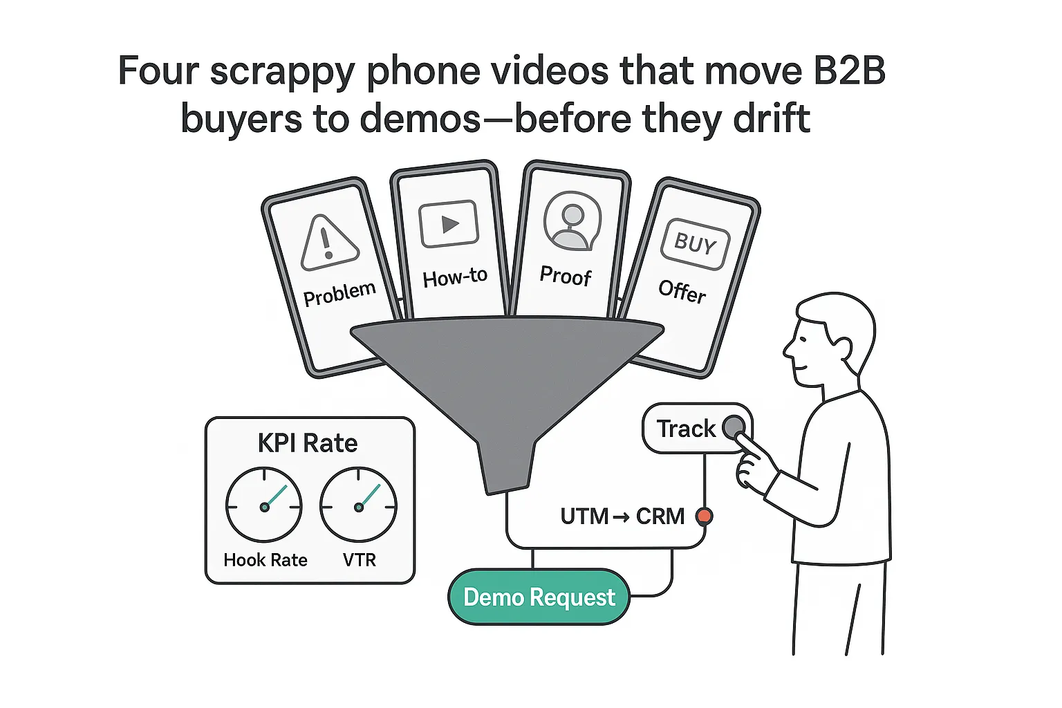 Minimalist funnel with four smartphone videos moving B2B buyers to demos KPI panel UTM CRM