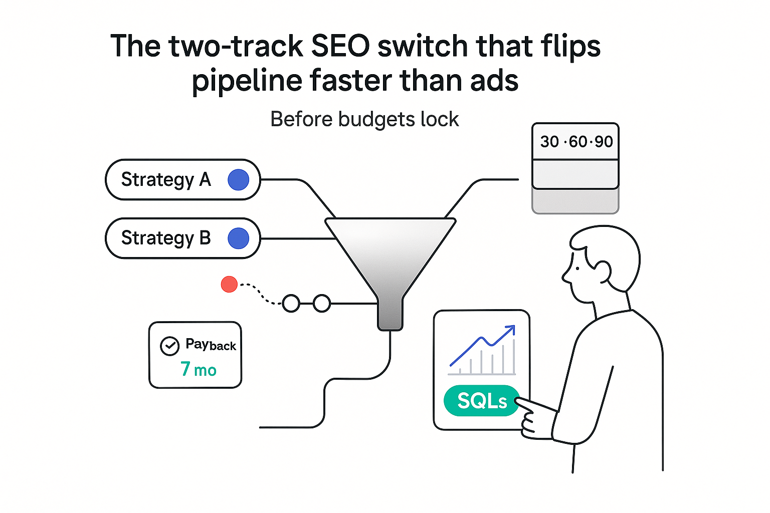 Minimalist illustration two track funnel with toggles KPI card chart SQLs badge ROI payback