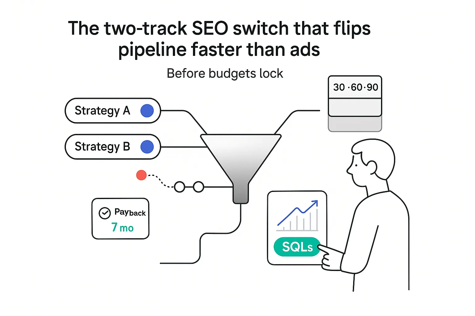 Minimalist illustration two track funnel with toggles KPI card chart SQLs badge ROI payback