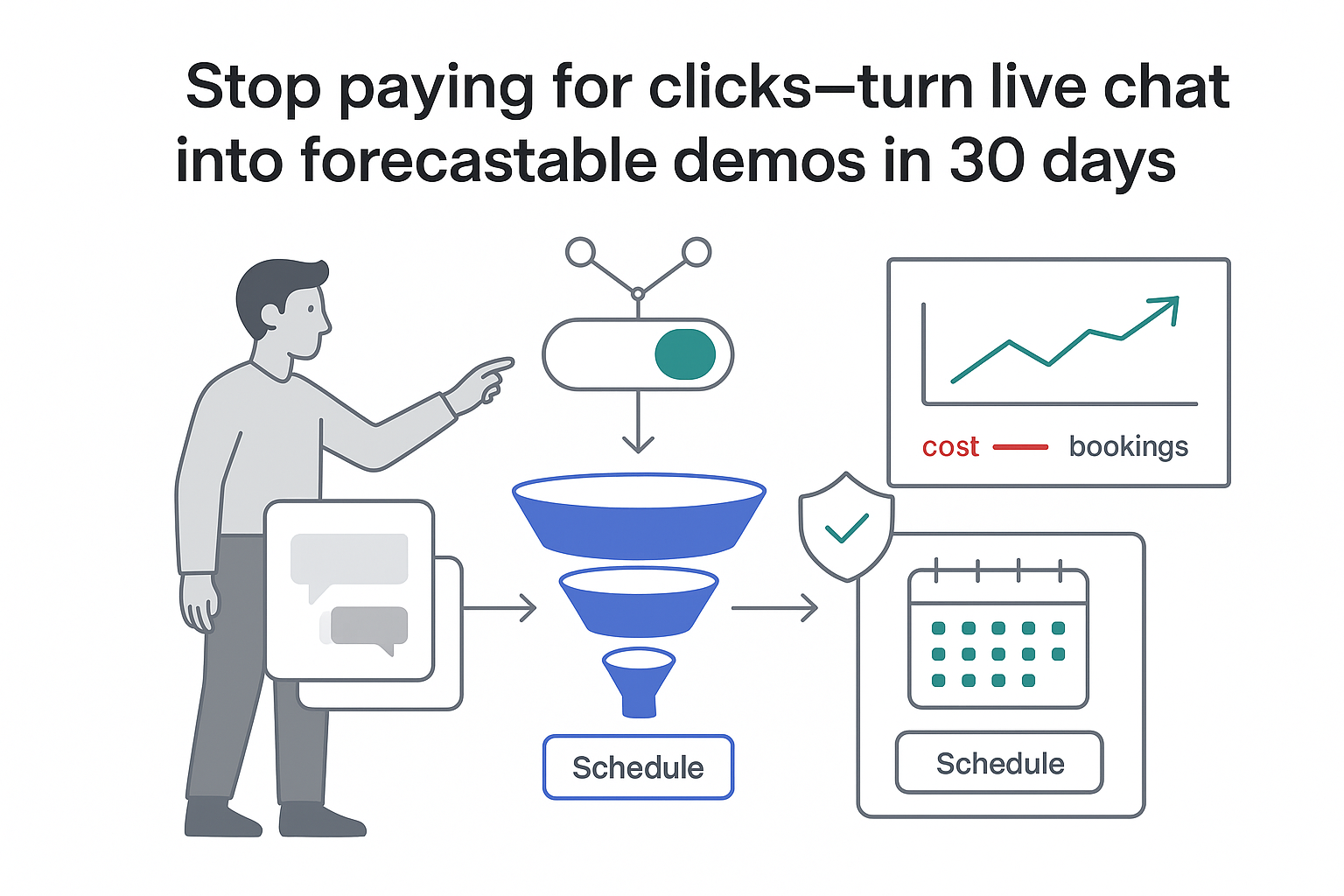 Minimalist tech illustration live chat to demo engine funnel calendar schedule ROI panel shield toggle