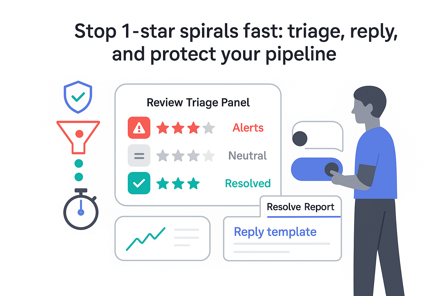 Minimalist review triage panel with alerts funnel shield KPI person toggling resolve report switch