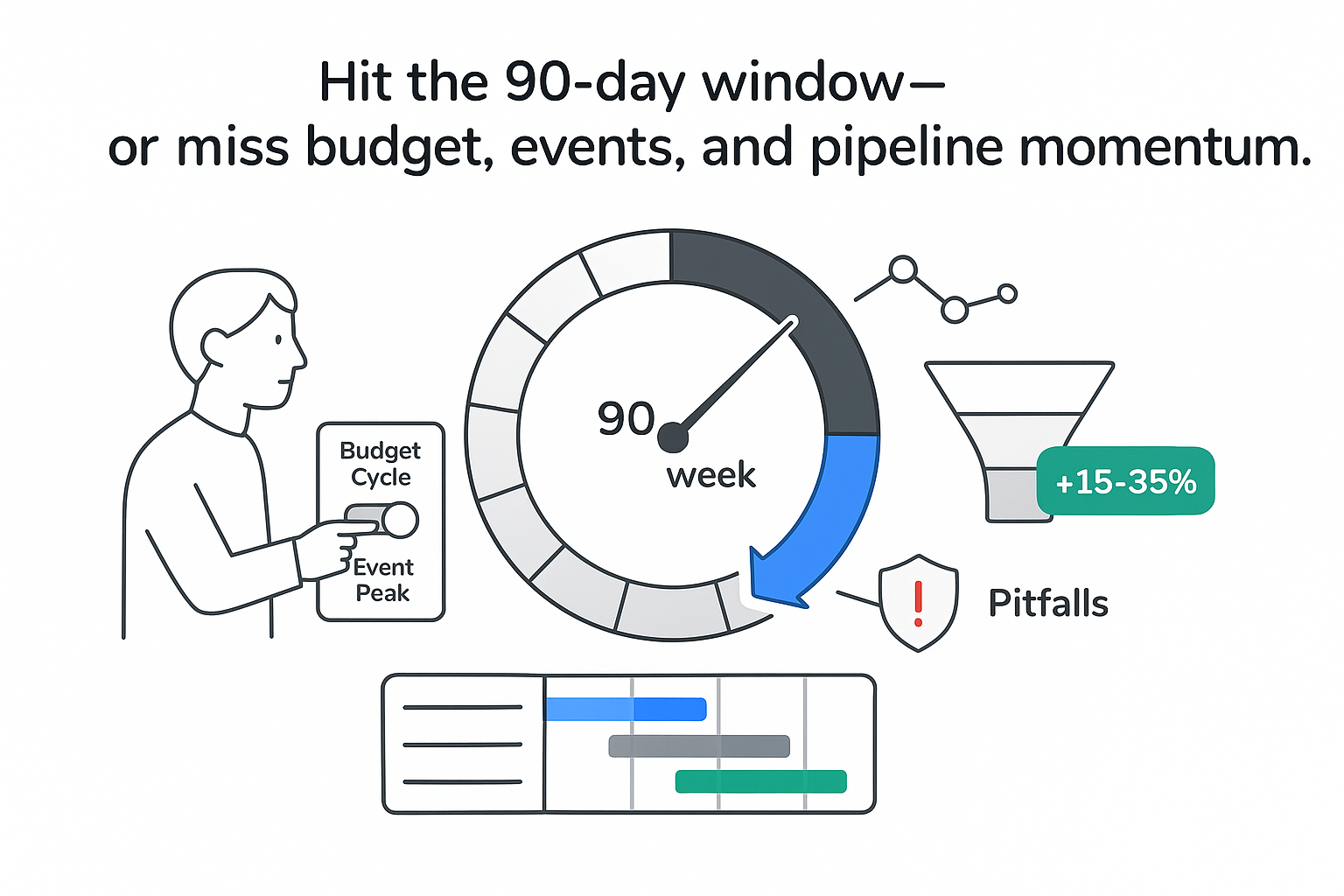 Minimalist 90 day calendar dial with weekly Gantt funnel ROI badge ABM nodes alert shield