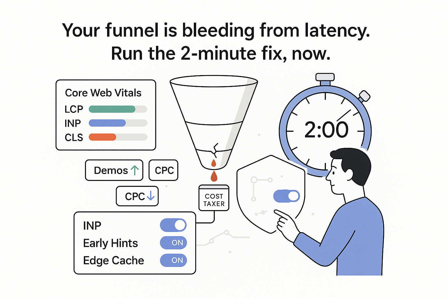 Minimalist illustration of sales funnel leaking latency into cost ticker with vitals meters and stopwatch