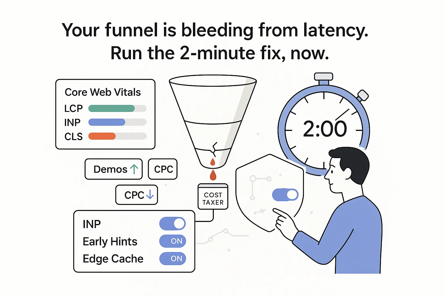 Minimalist illustration of sales funnel leaking latency into cost ticker with vitals meters and stopwatch