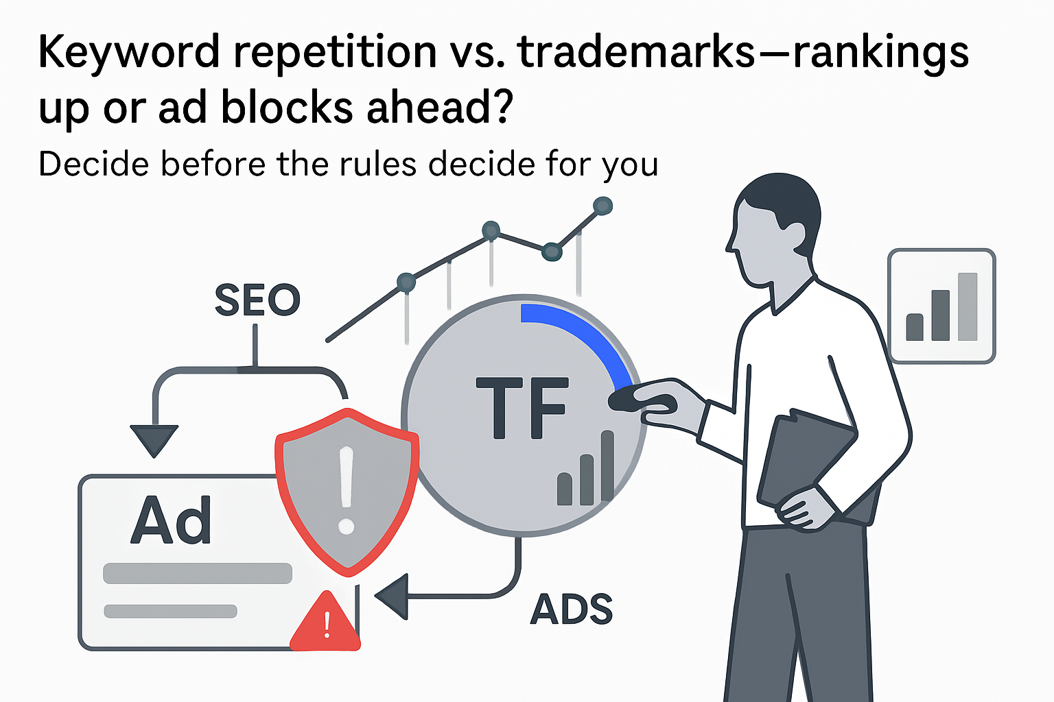 keyword frequency dial funnel SEO gains versus trademark enforcement risk with ad shield and reviewer