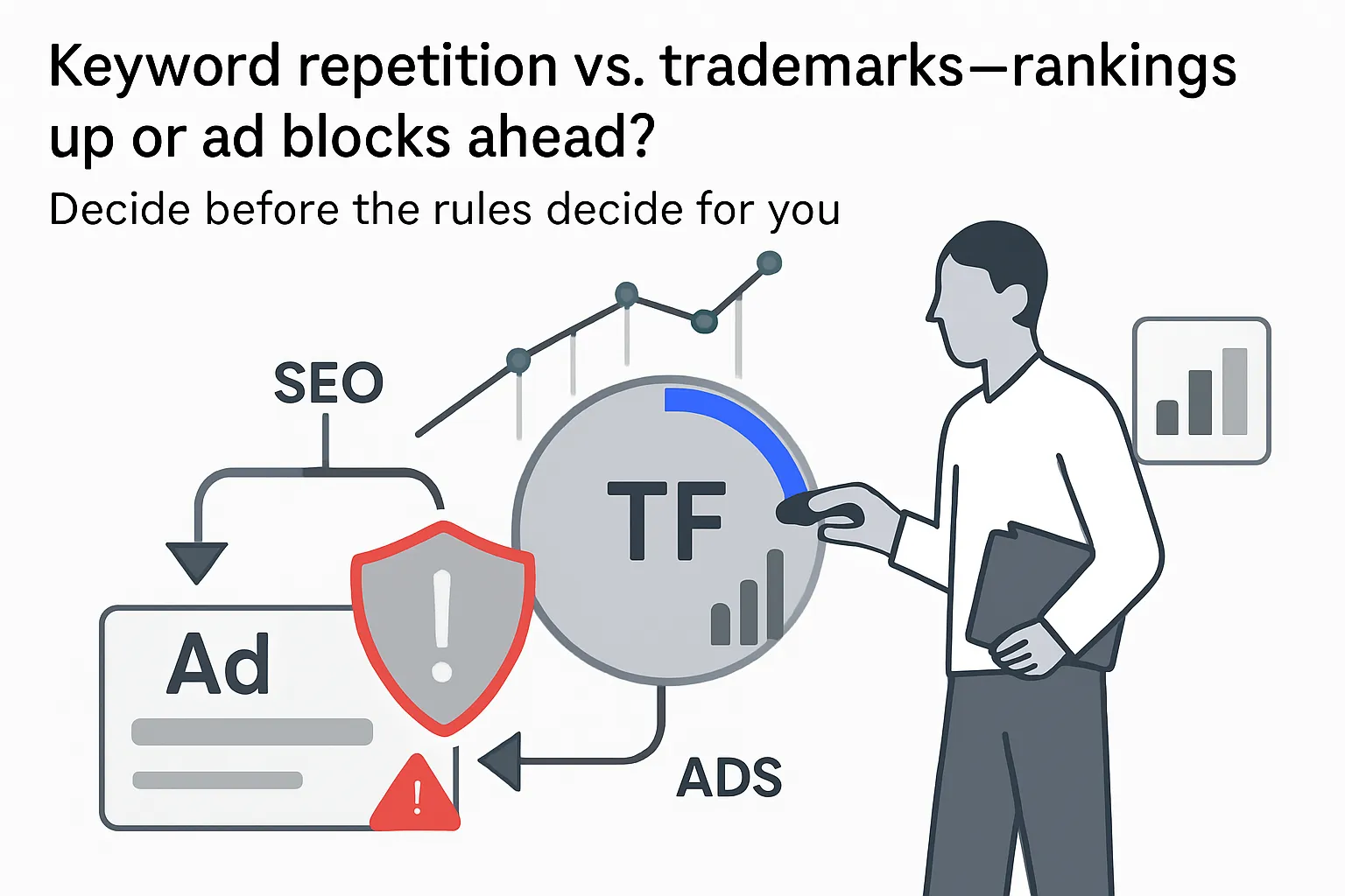 keyword frequency dial funnel SEO gains versus trademark enforcement risk with ad shield and reviewer