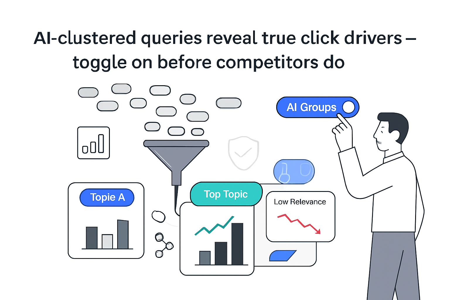 Minimalist AI funnel clustering queries into three topic panels with person toggling AI Groups