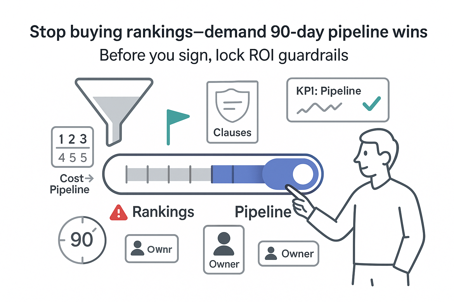 Pipeline first SEO vetting funnel meter showing 90 day pipeline wins ROI guardrails