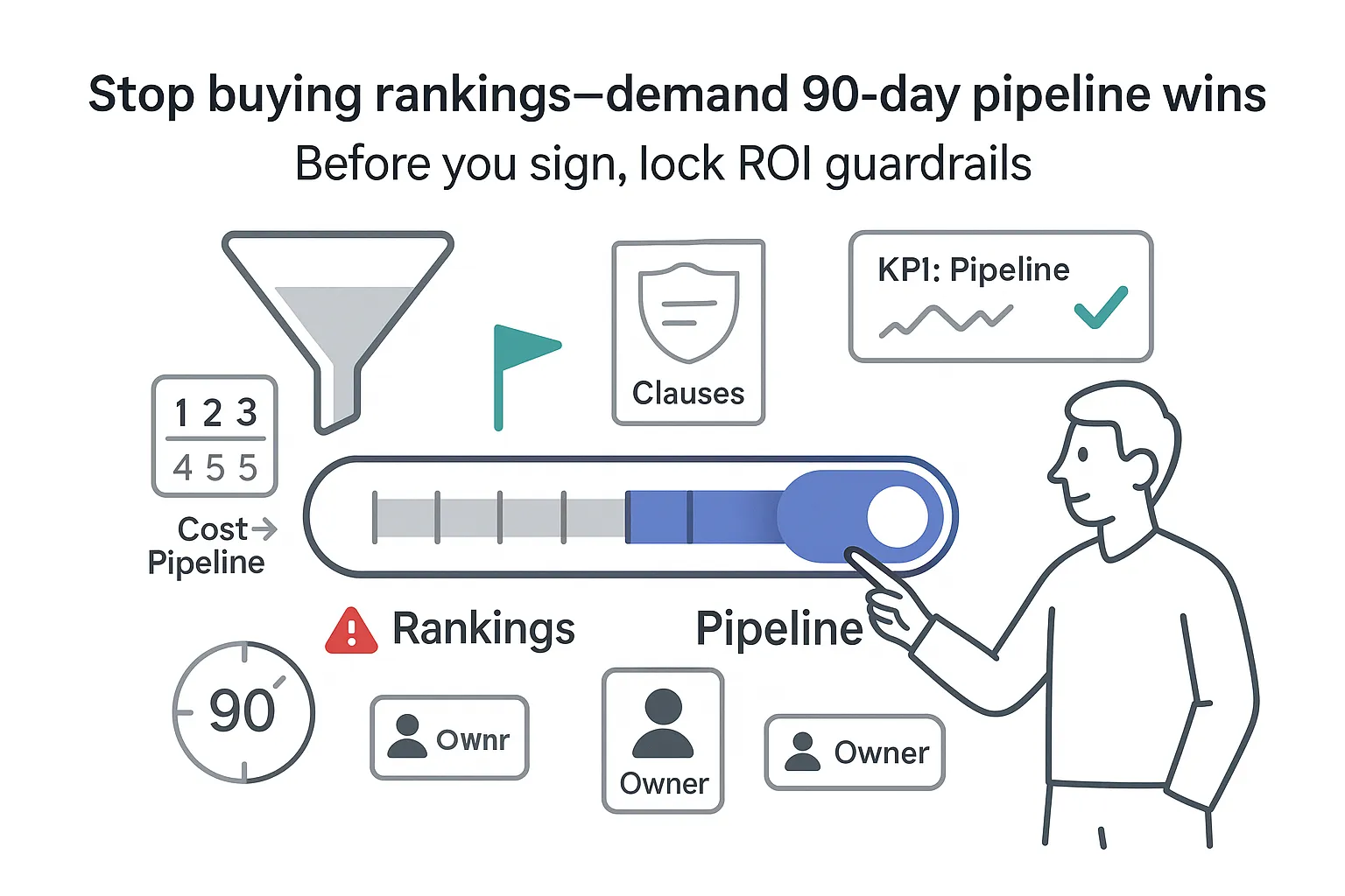 Pipeline first SEO vetting funnel meter showing 90 day pipeline wins ROI guardrails