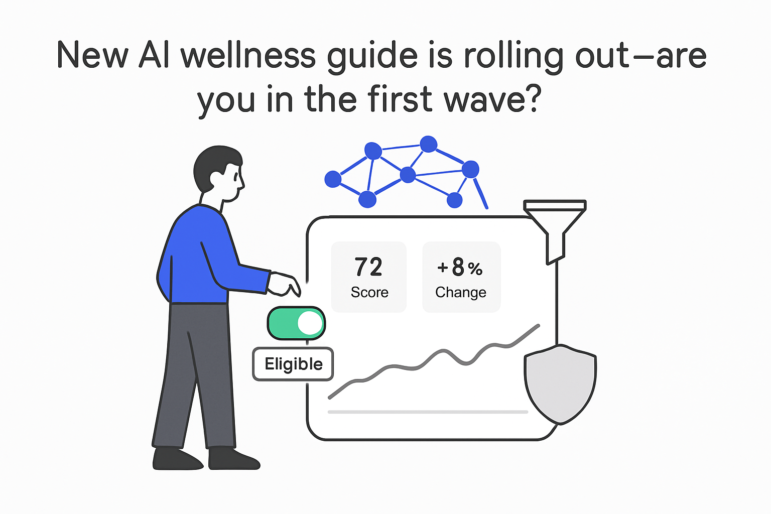 Minimalist AI wellness guide early access eligibility toggle with human tapping trend chart privacy shield