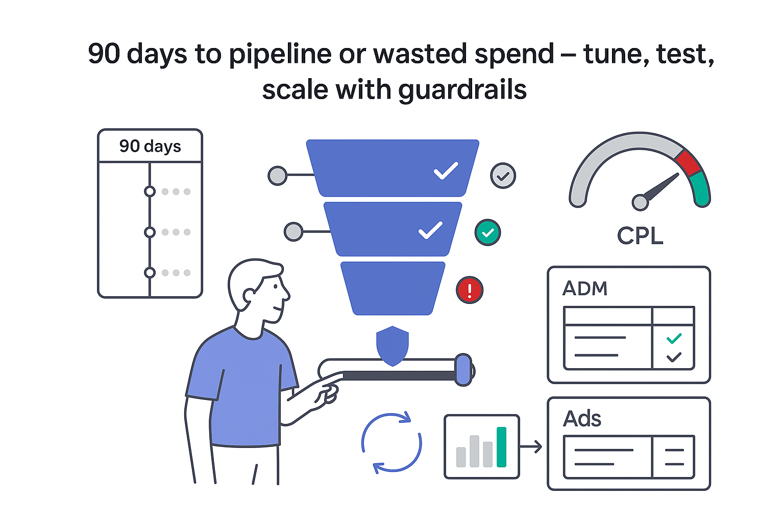Minimalist tech illustration three tier funnel centered with 90 day planner CPL gauge budget slider shield