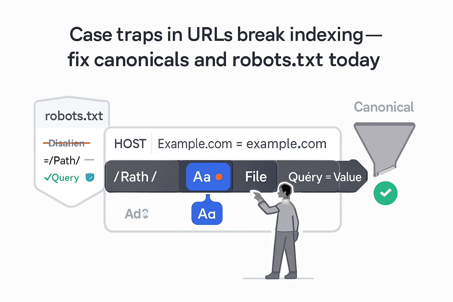 Minimalist tech illustration of URL chips with A to a toggles canonical funnel robots txt