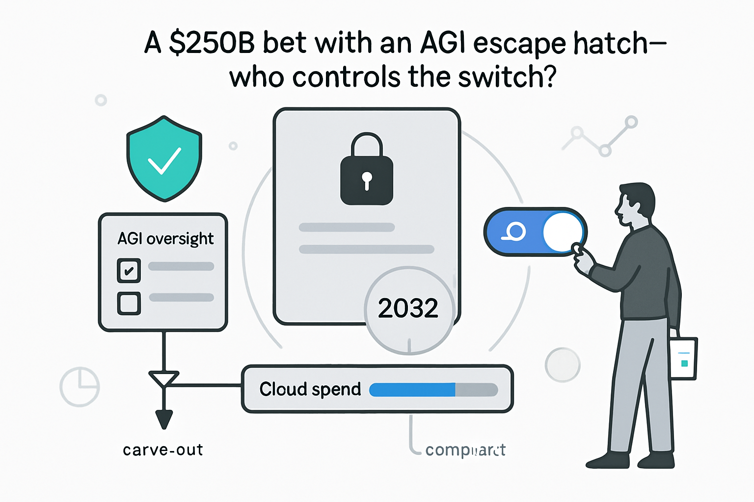 Minimalist tech illustration of AGI escape hatch contract tablet and toggle controlling 250B bet