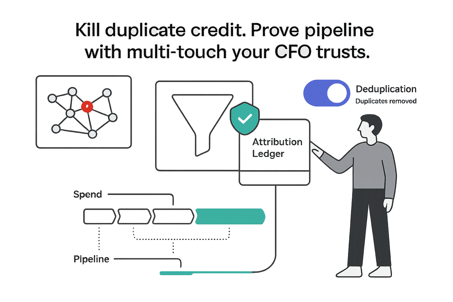 Minimalist tech illustration of deduplicated multi touch attribution ledger tying spend to pipeline revenue