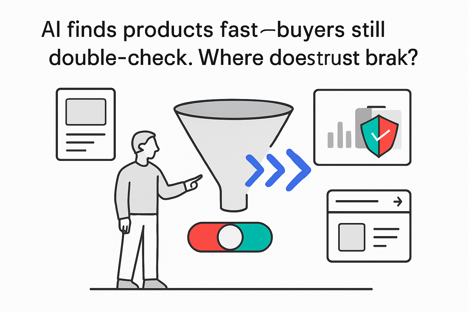 AI product discovery funnel with verification report toggle and person pointing at trust uncertainty