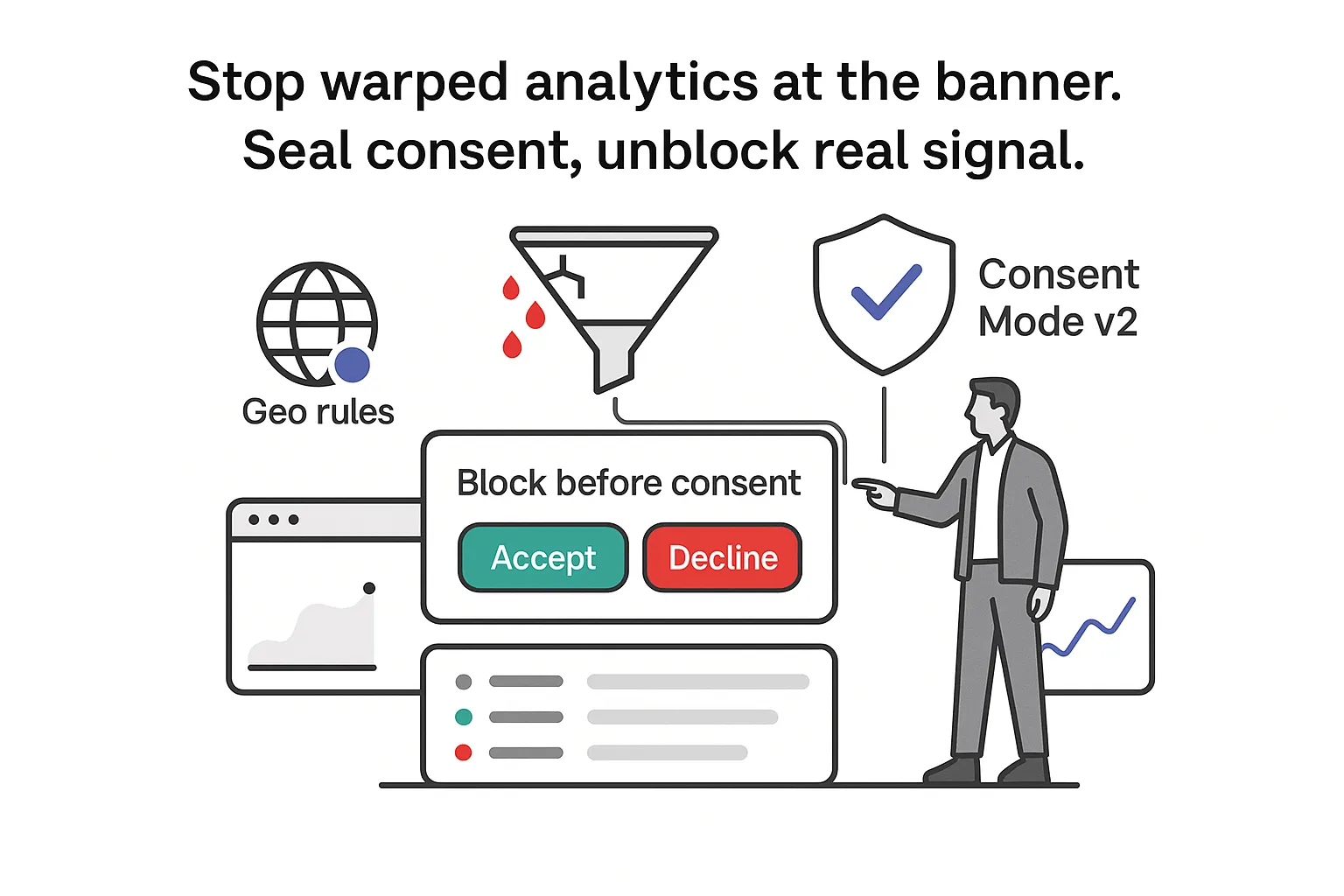 Minimalist cookie consent panel funnel shield geo rules audit log accept decline buttons