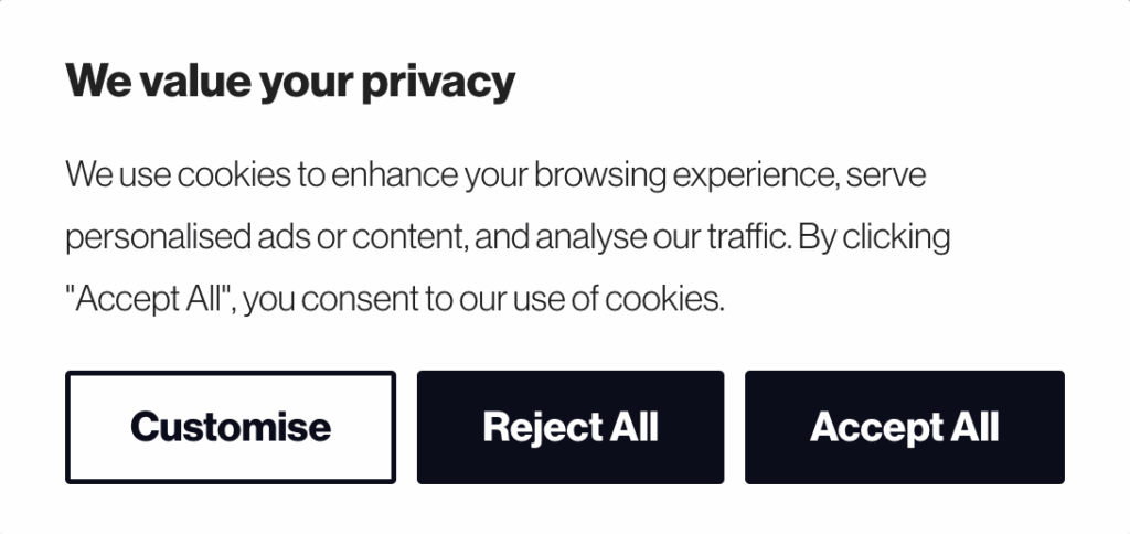 Example of an opt-in cookie banner with Accept, Reject, and Settings