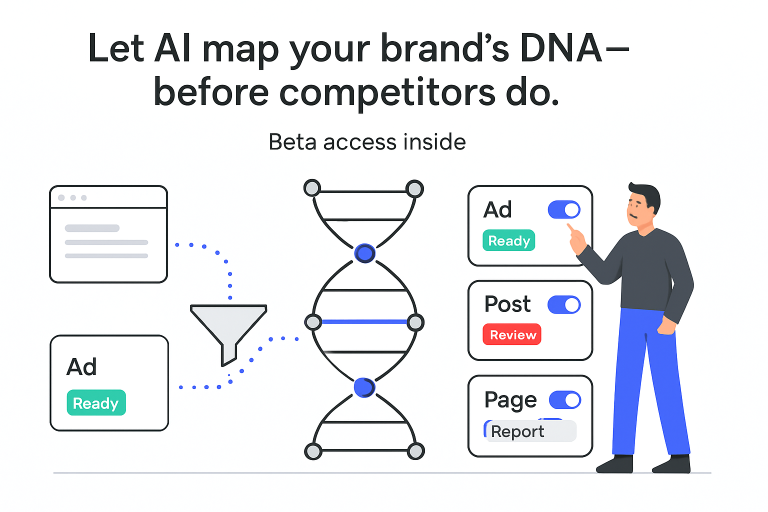 Minimalist tech illustration of UI node double helix fed by funnel with Ad Post Page