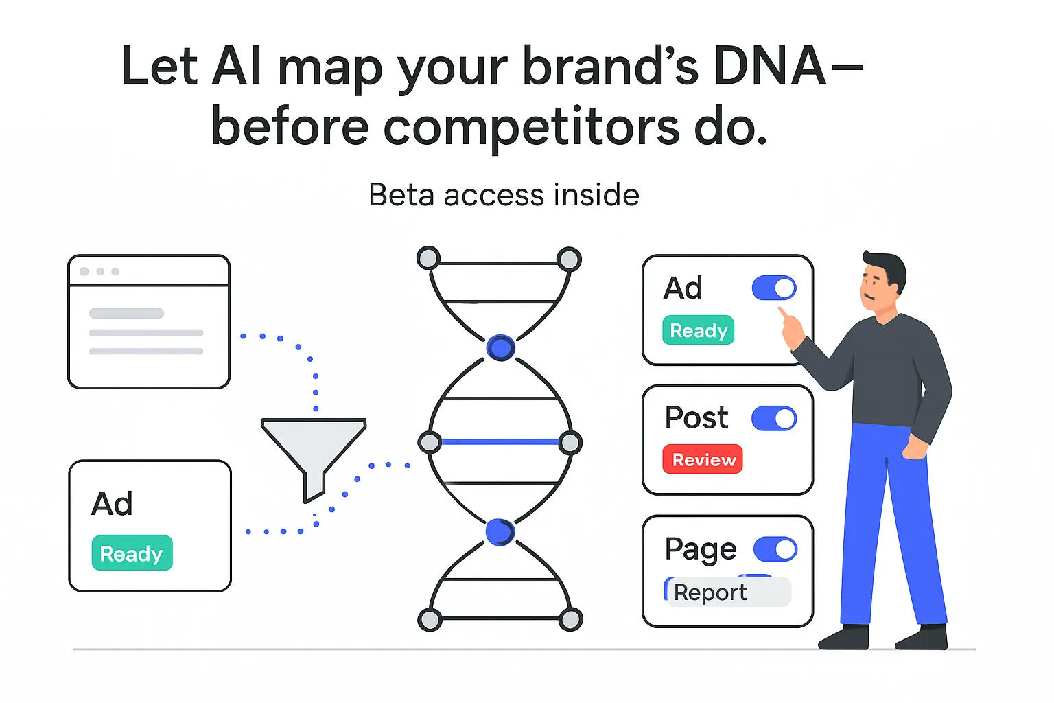 Minimalist tech illustration of UI node double helix fed by funnel with Ad Post Page