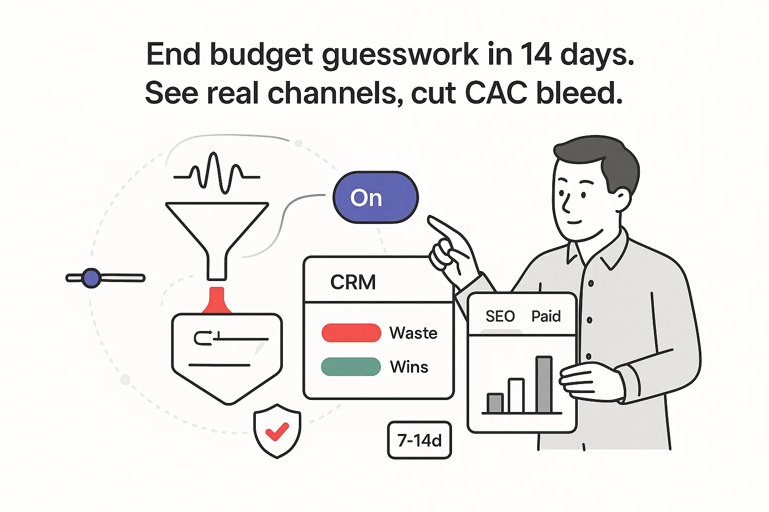 Minimalist illustration call waveform funnel to CRM attribution split reducing waste increasing wins