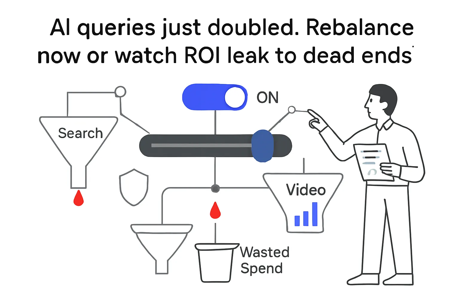 AI mode toggle with budget slider feeding search and video funnels into wasted spend bucket