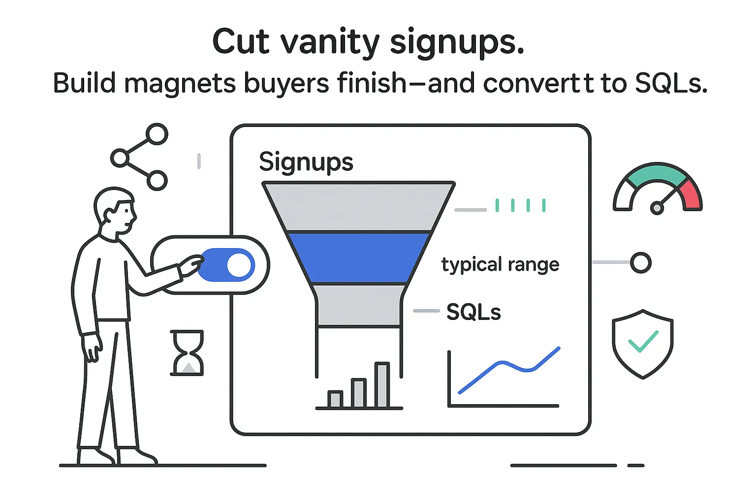 Minimalist analytics illustration two stage funnel signups to SQLs toggle finish in minutes