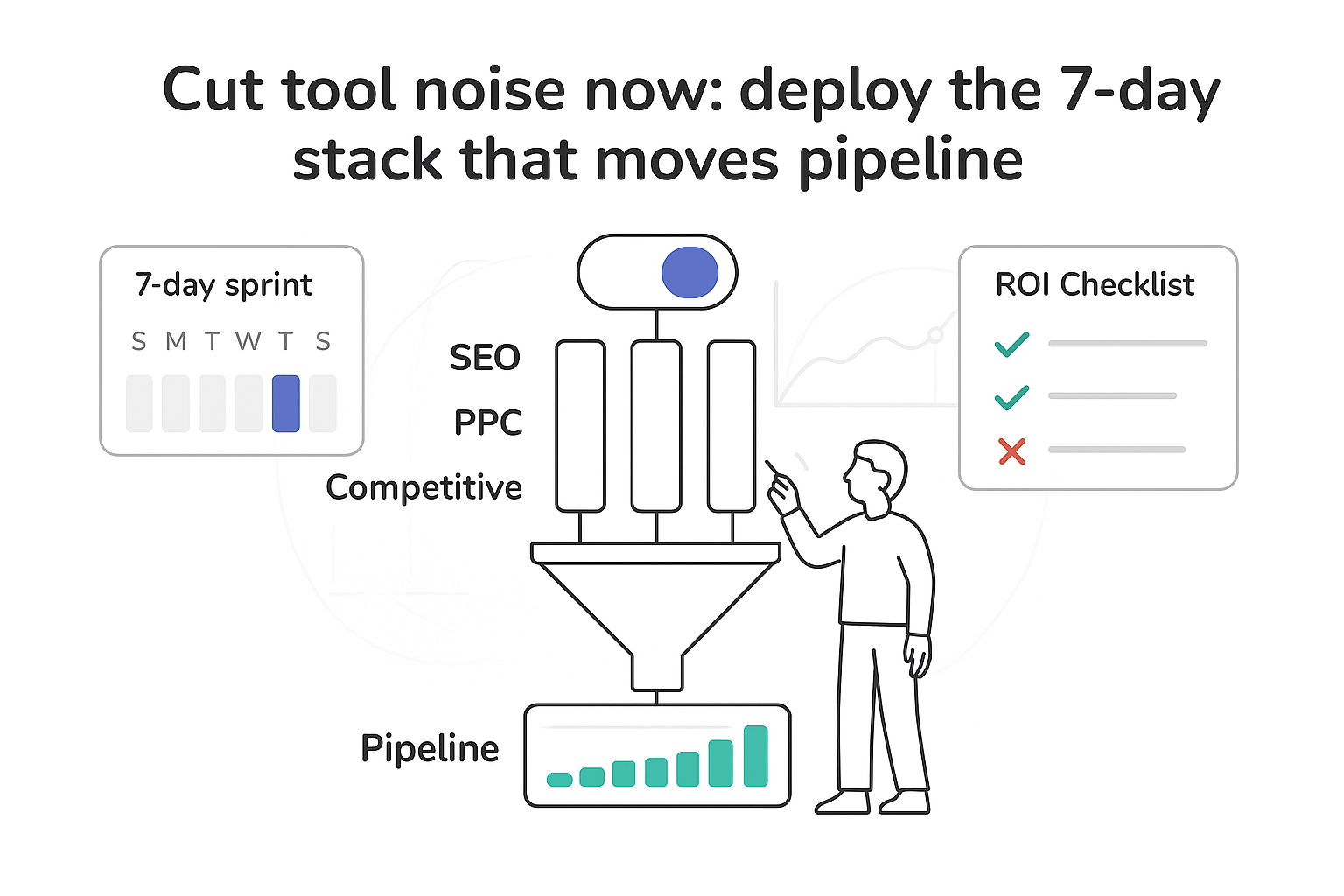 Minimalist decision engine with SEO PPC Competitive toggles funnel pipeline meter ROI checklist and human