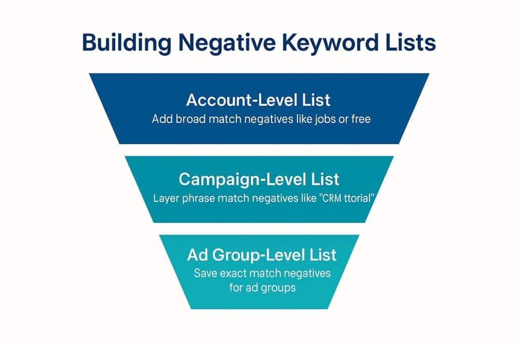 Marketing funnel graphic showing how negative keywords are applied differently at awareness, consideration, and conversion stages.