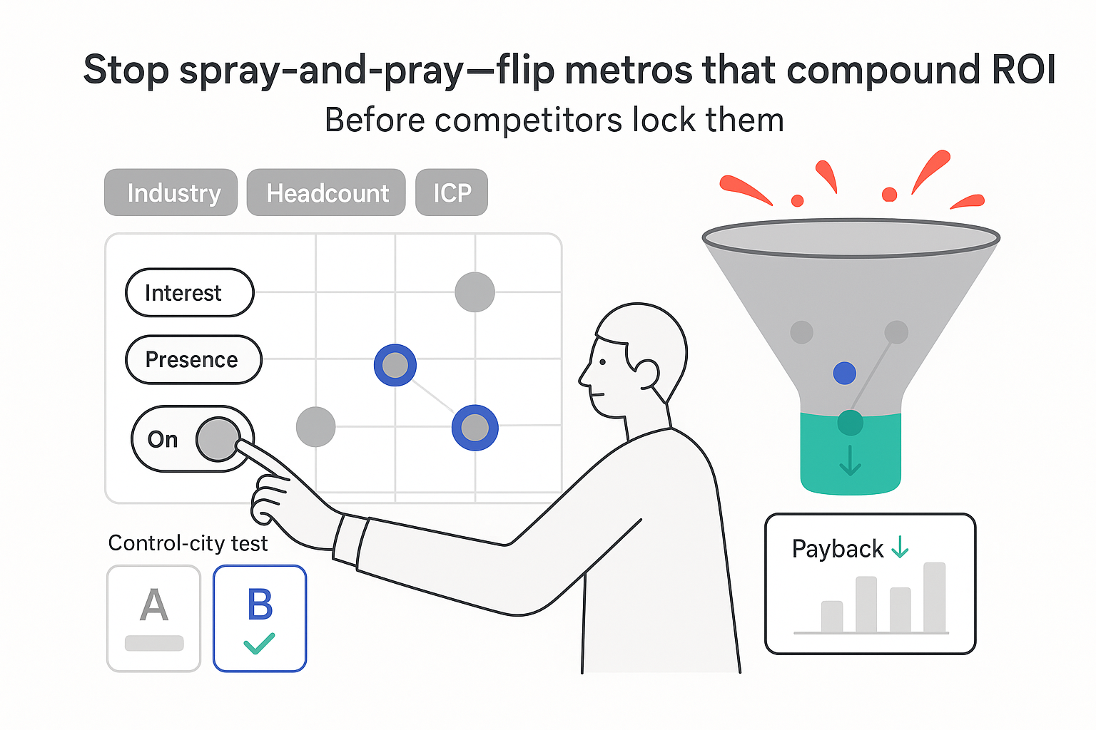 Analyst toggles metro focused targeting showing red spray funnel leaking and green ROI funnel