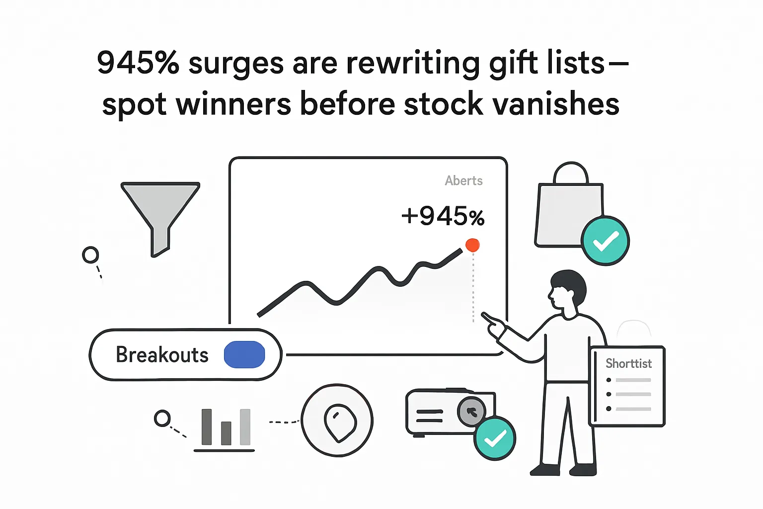 Minimalist analytics dashboard with 945 percent spike alert funnel breakouts toggle and shopping bag projector