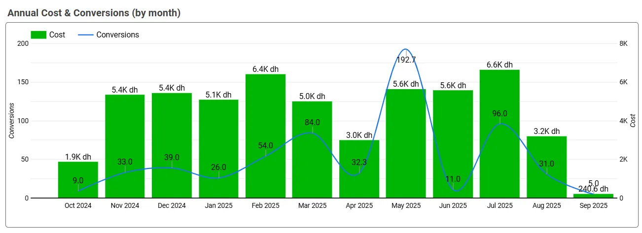 Yearly view showing ratio of conversions to ad spend