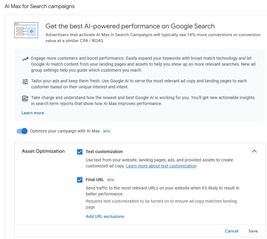 Settings view of Google Ads AI Max features for Search