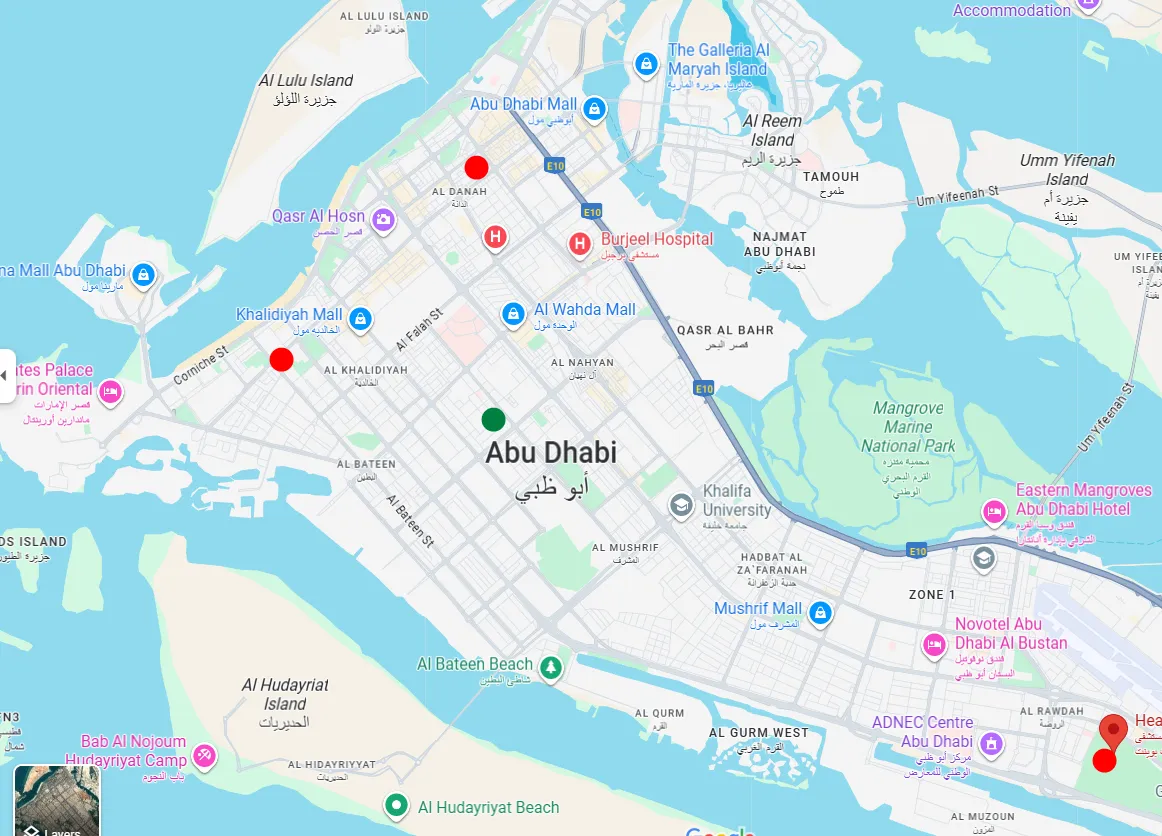 Map of Abu Dhabi showing client and competitor clinic locations in and near the target area